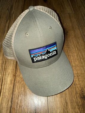 Patagonia Olive Tan Mesh Trucker Hat with Mountain Patch